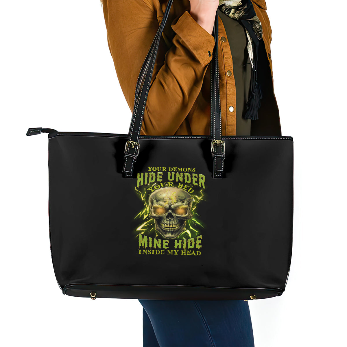 Your Demons Hide Under Your Bed Leather Tote Bag TS04