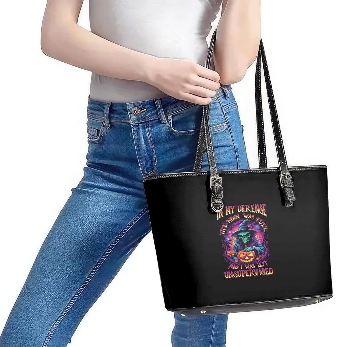 In My Defense I Was Left Unsupervised Halloween Leather Tote Bag TS04