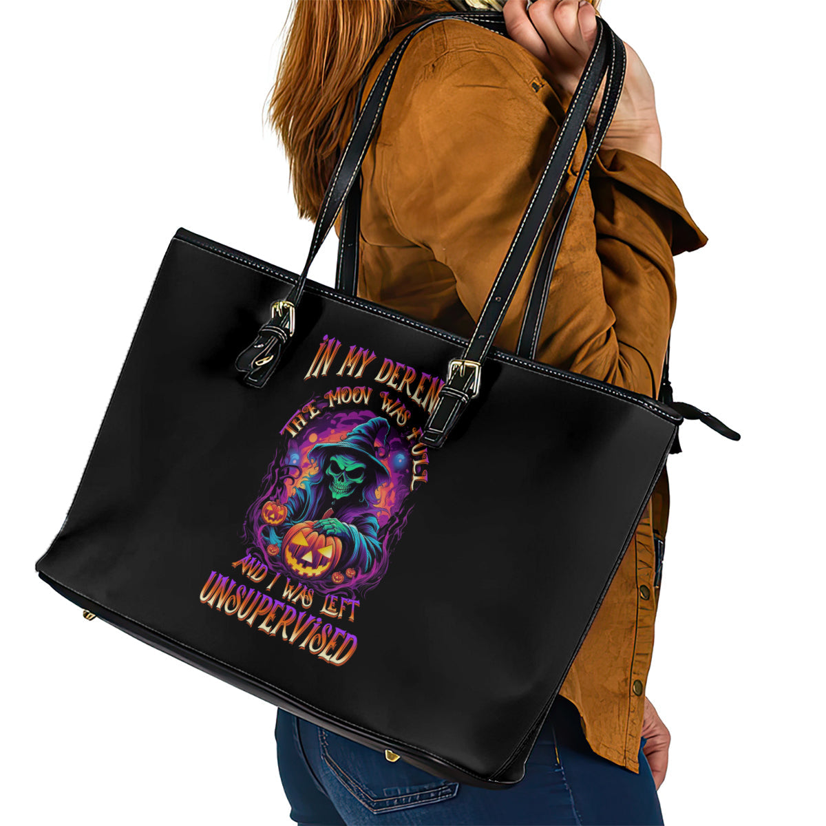 In My Defense I Was Left Unsupervised Halloween Leather Tote Bag TS04
