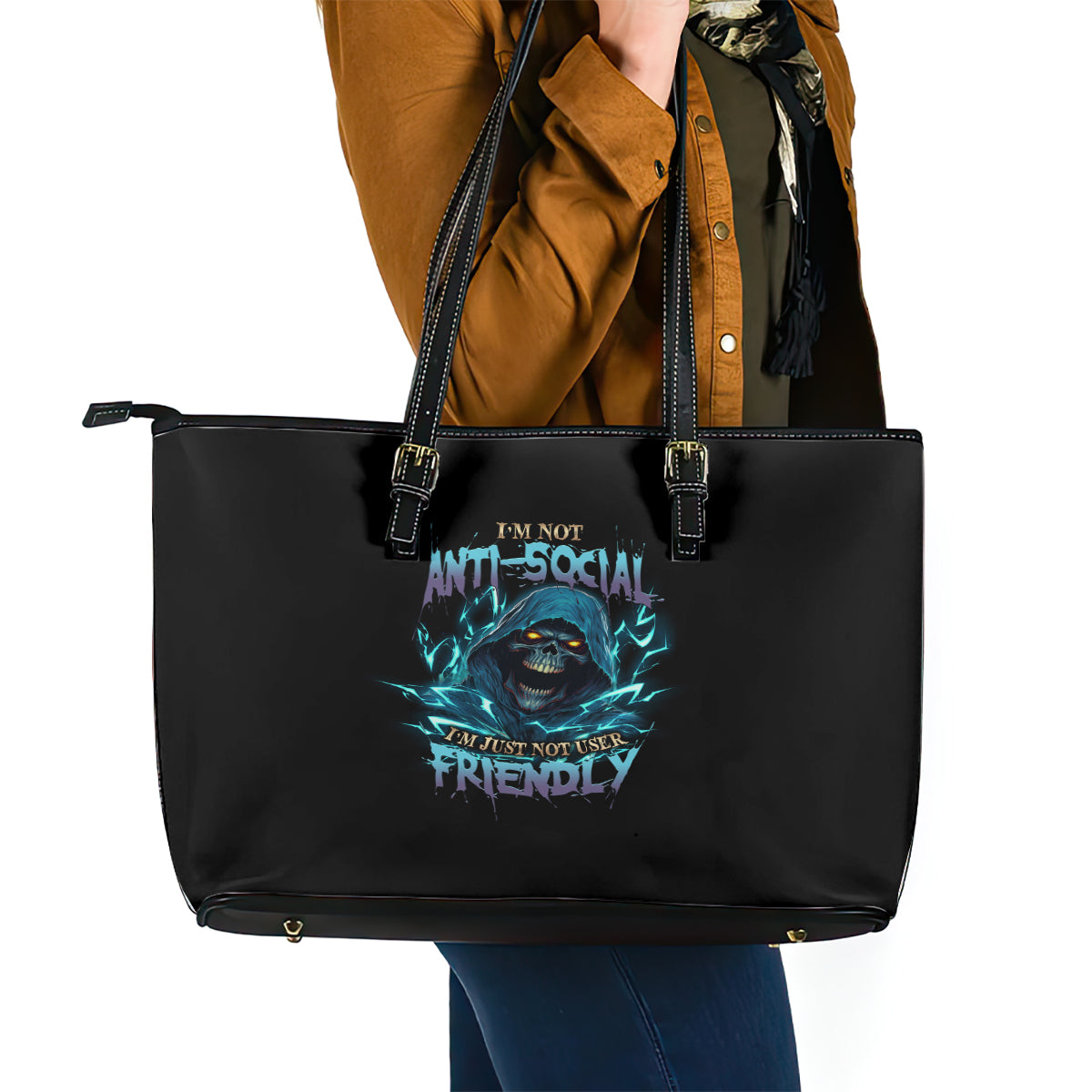 I'm Not Anti-social Mad Reaper Skull Leather Tote Bag TS04