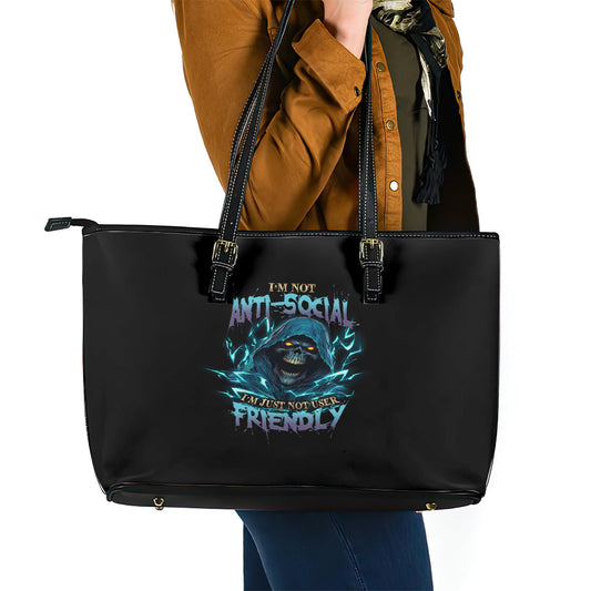 I'm Not Anti-social Mad Reaper Skull Leather Tote Bag TS04