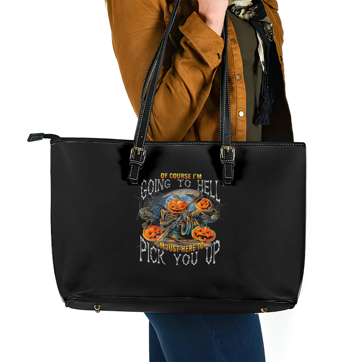 Of Course I'm Going To Hell Skull Pumpkin Halloween Leather Tote Bag TS04