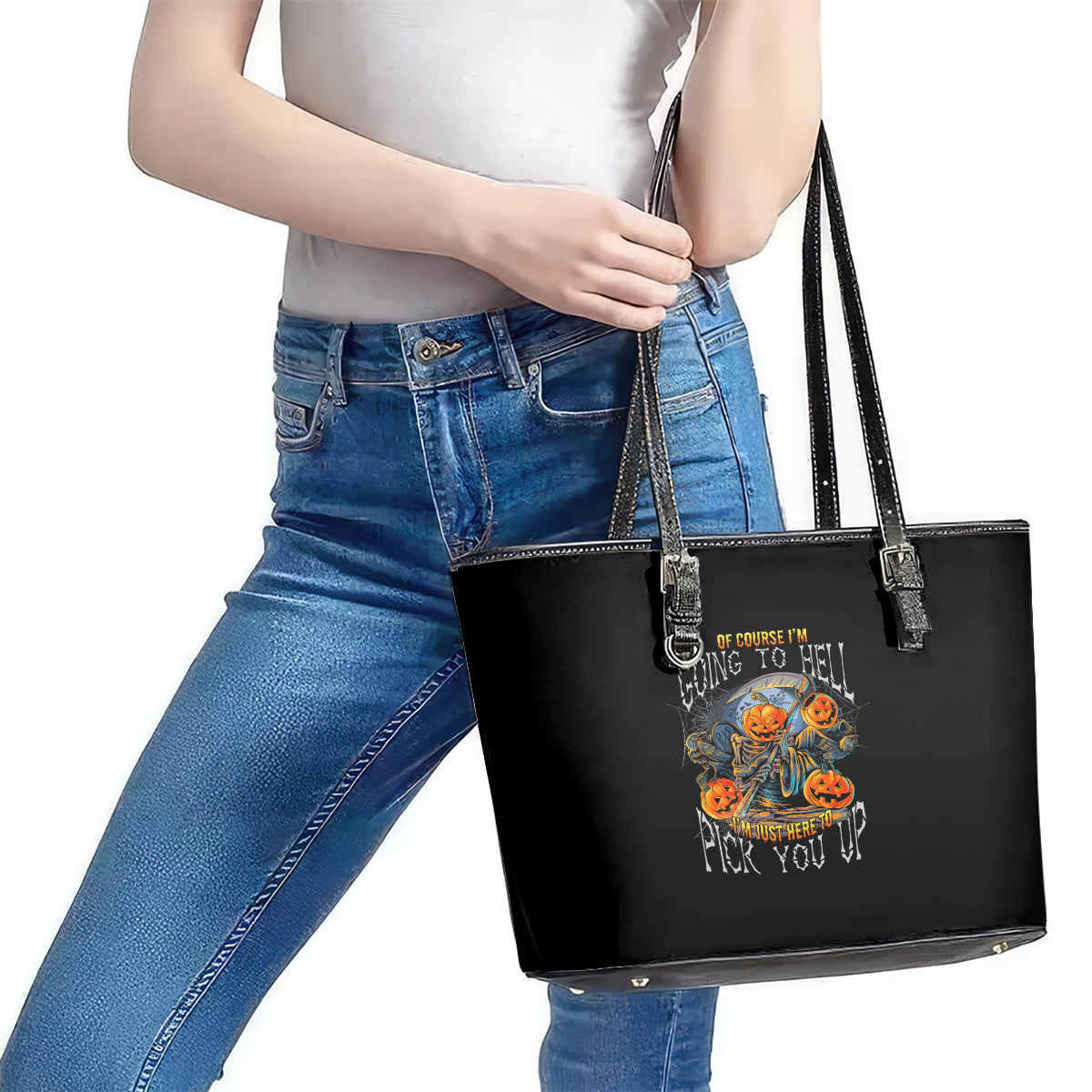 Of Course I'm Going To Hell Skull Pumpkin Halloween Leather Tote Bag TS04