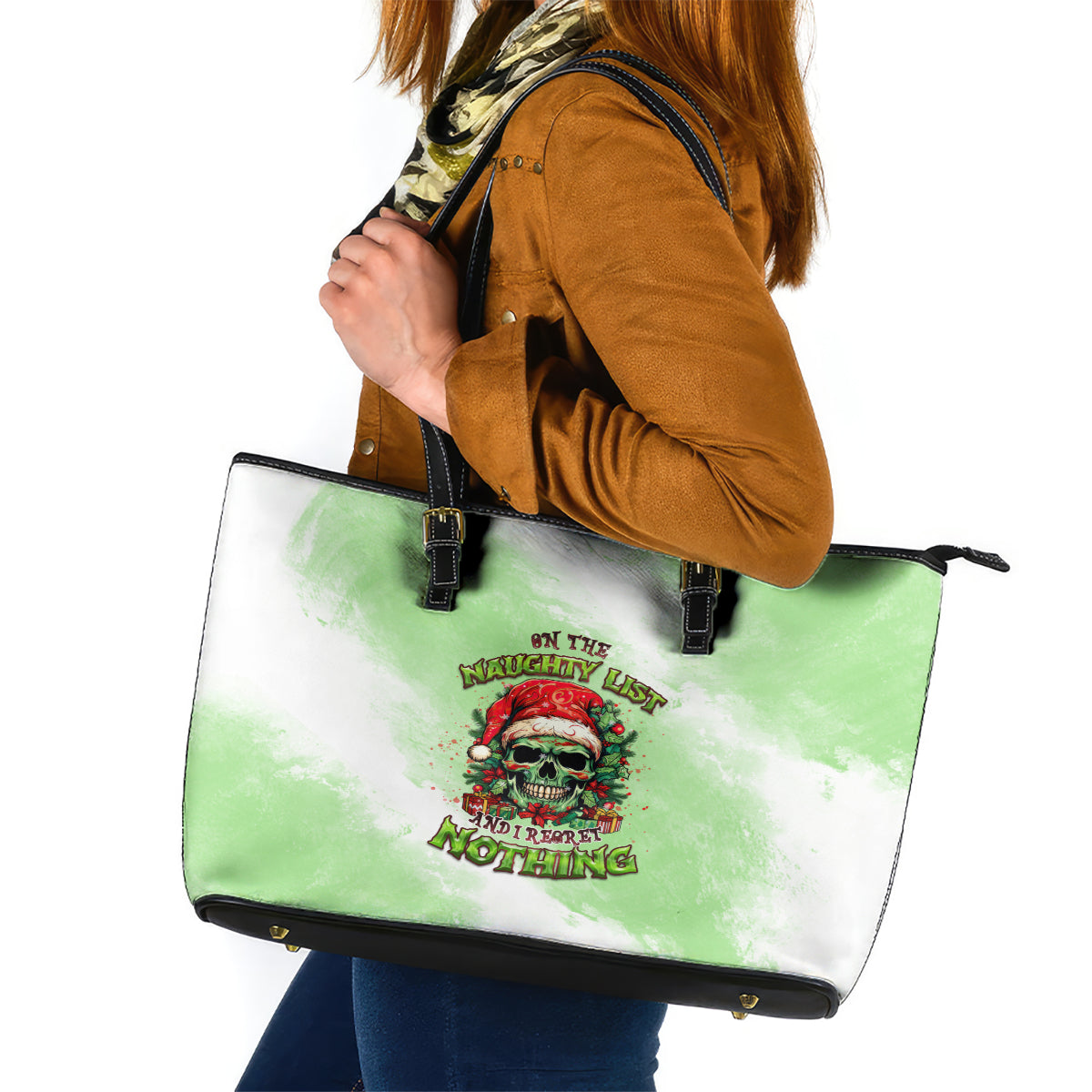 On The Naughty List Skull Christmas Leather Tote Bag TS04