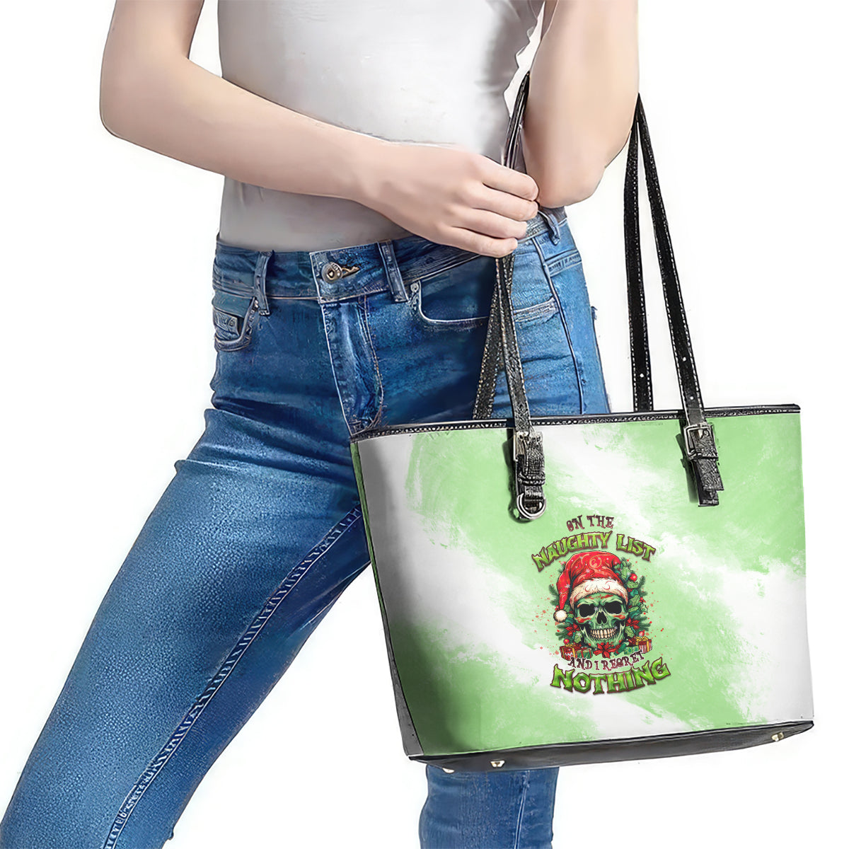 On The Naughty List Skull Christmas Leather Tote Bag TS04