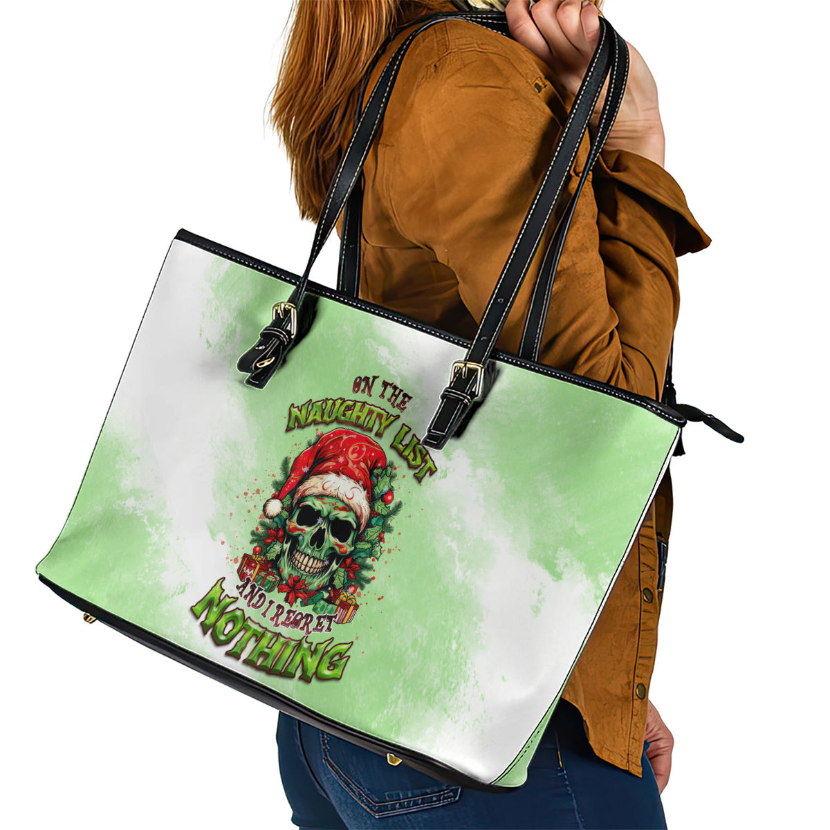 On The Naughty List Skull Christmas Leather Tote Bag TS04
