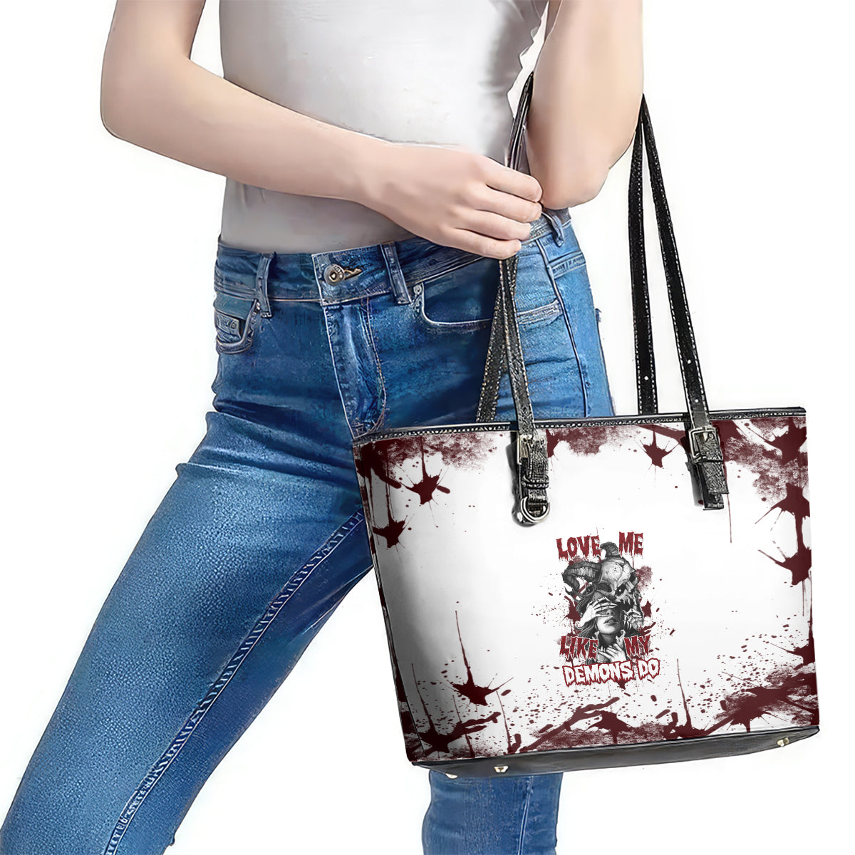 Love Me Like My Demons Do Skull Leather Tote Bag TS04