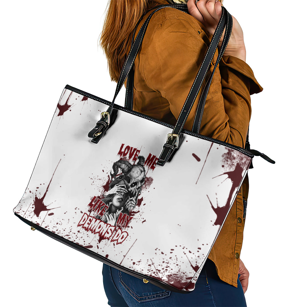 Love Me Like My Demons Do Skull Leather Tote Bag TS04