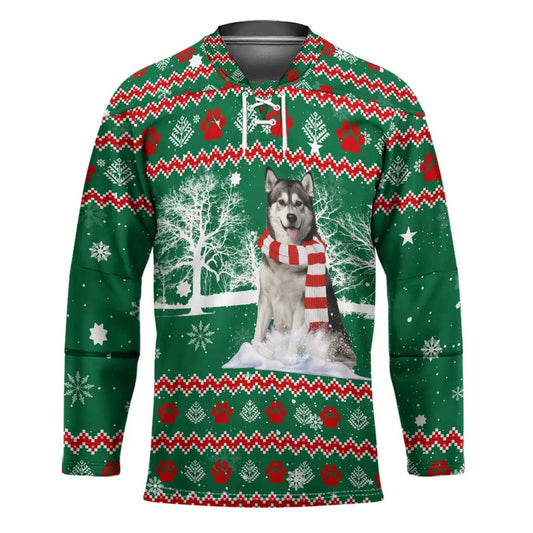 Alaskan Malamute Winter Tree Christmas Hockey Jersey Xmas Holiday Patterns TS04