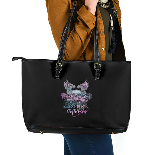 Skull Wings Roses - Zero Fuck Given Leather Tote Bag TS04