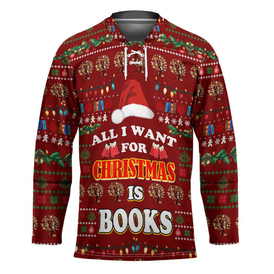All I Want For Christmas Is Books Christmas Hockey Jersey Xmas Holiday Patterns TS04