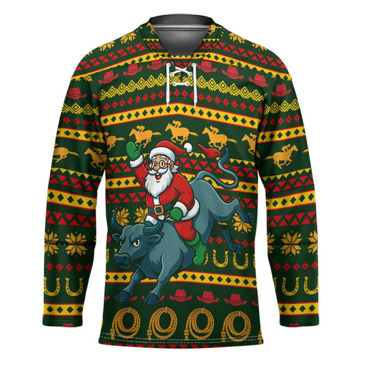 Amazing Cowboy Santa Claus Christmas Hockey Jersey Xmas Holiday Patterns TS04
