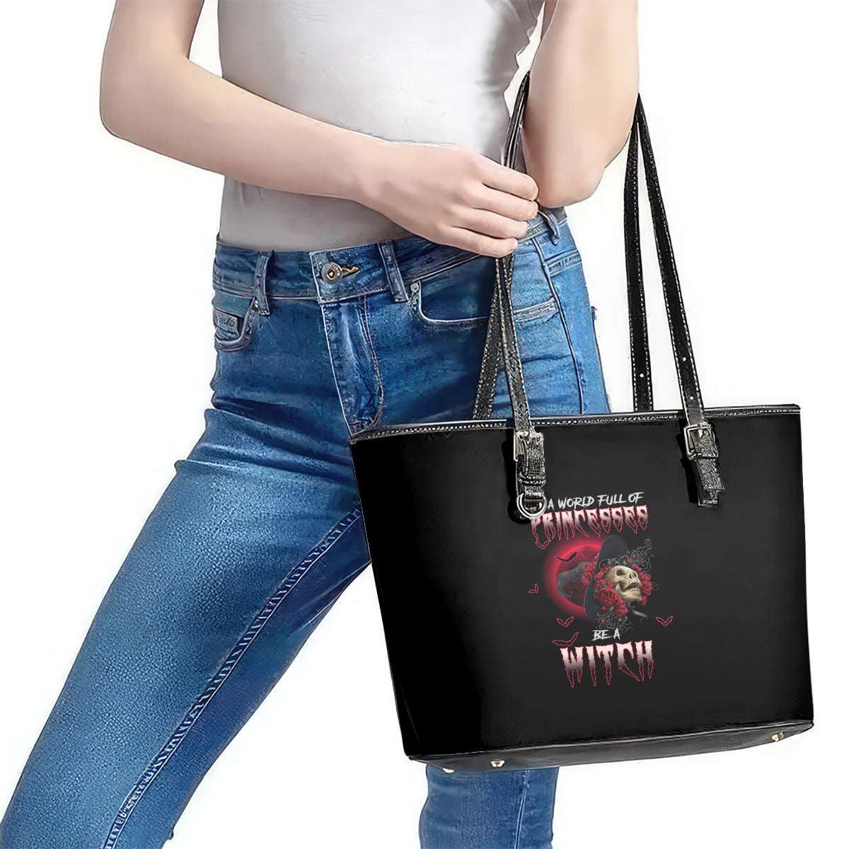 In A World Full Of Princesses Be A Witch Rose Skull Leather Tote Bag TS04
