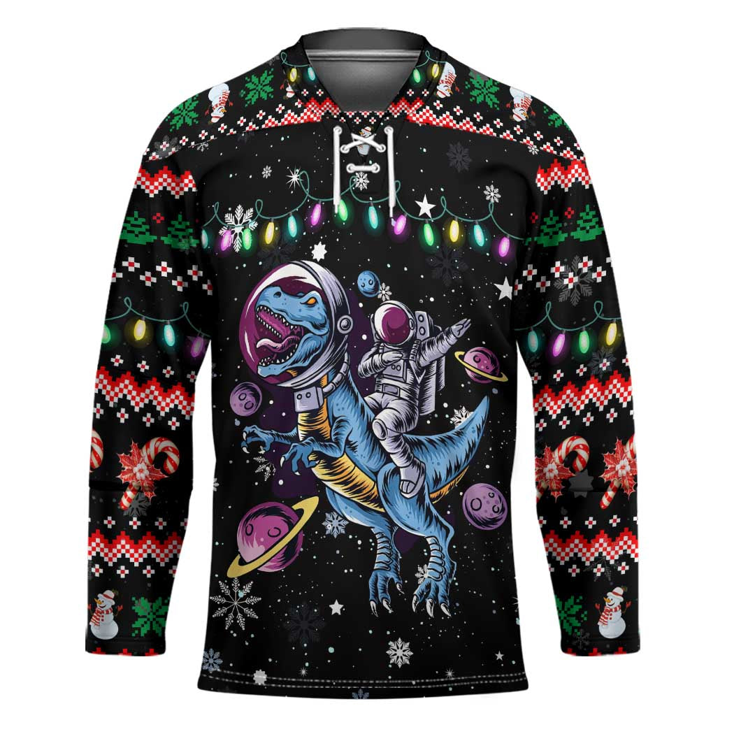 Astronauts Ride A T Rex In Space With The Planet Christmas Hockey Jersey Xmas Holiday Patterns TS04