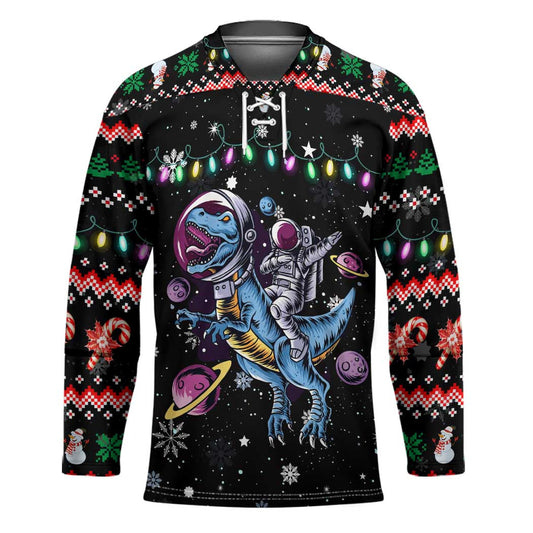 Astronauts Ride A T Rex In Space With The Planet Christmas Hockey Jersey Xmas Holiday Patterns TS04