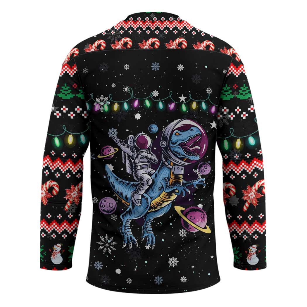 Astronauts Ride A T Rex In Space With The Planet Christmas Hockey Jersey Xmas Holiday Patterns TS04