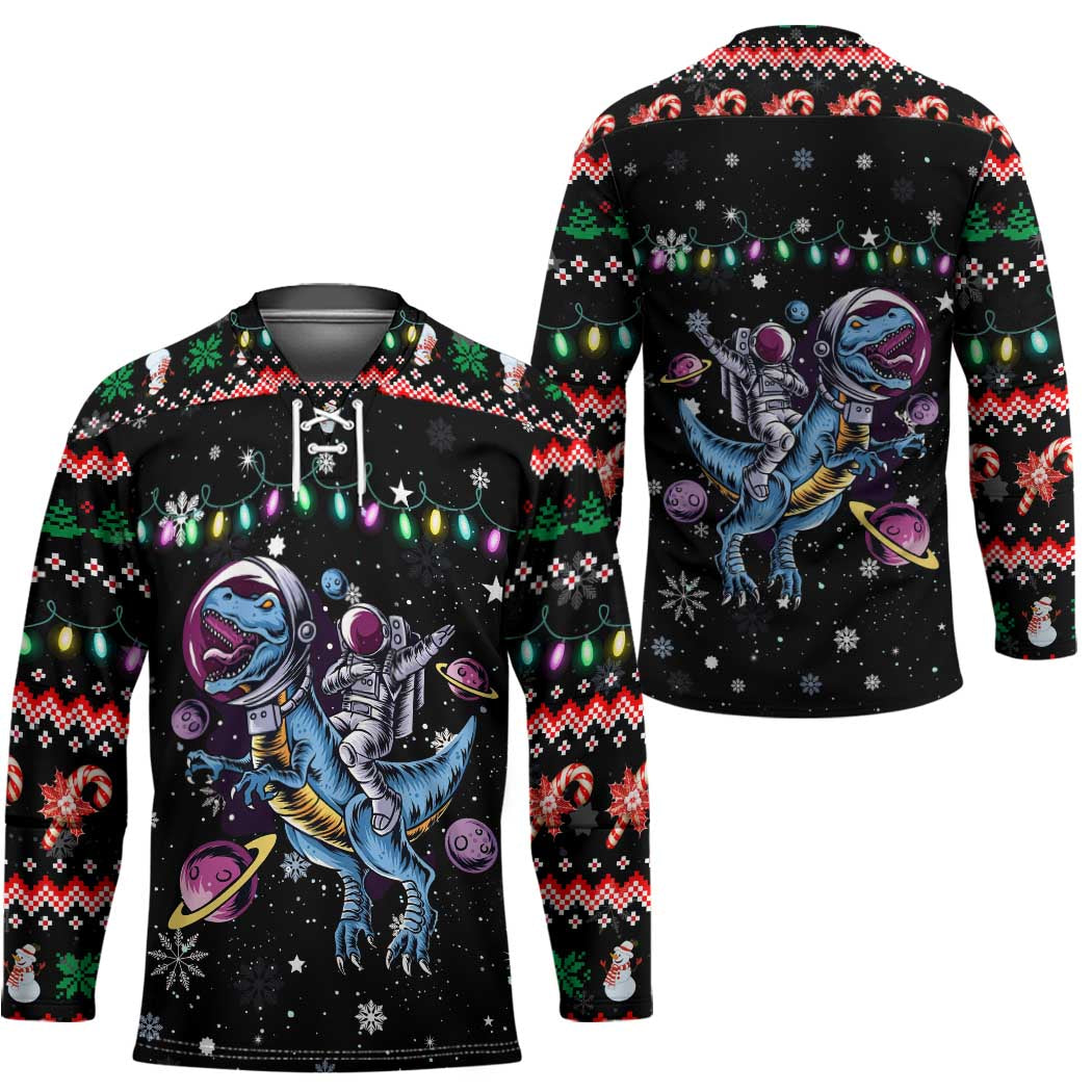 Astronauts Ride A T Rex In Space With The Planet Christmas Hockey Jersey Xmas Holiday Patterns TS04