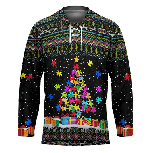 Autism Pine Christmas Hockey Jersey Xmas Holiday Patterns TS04