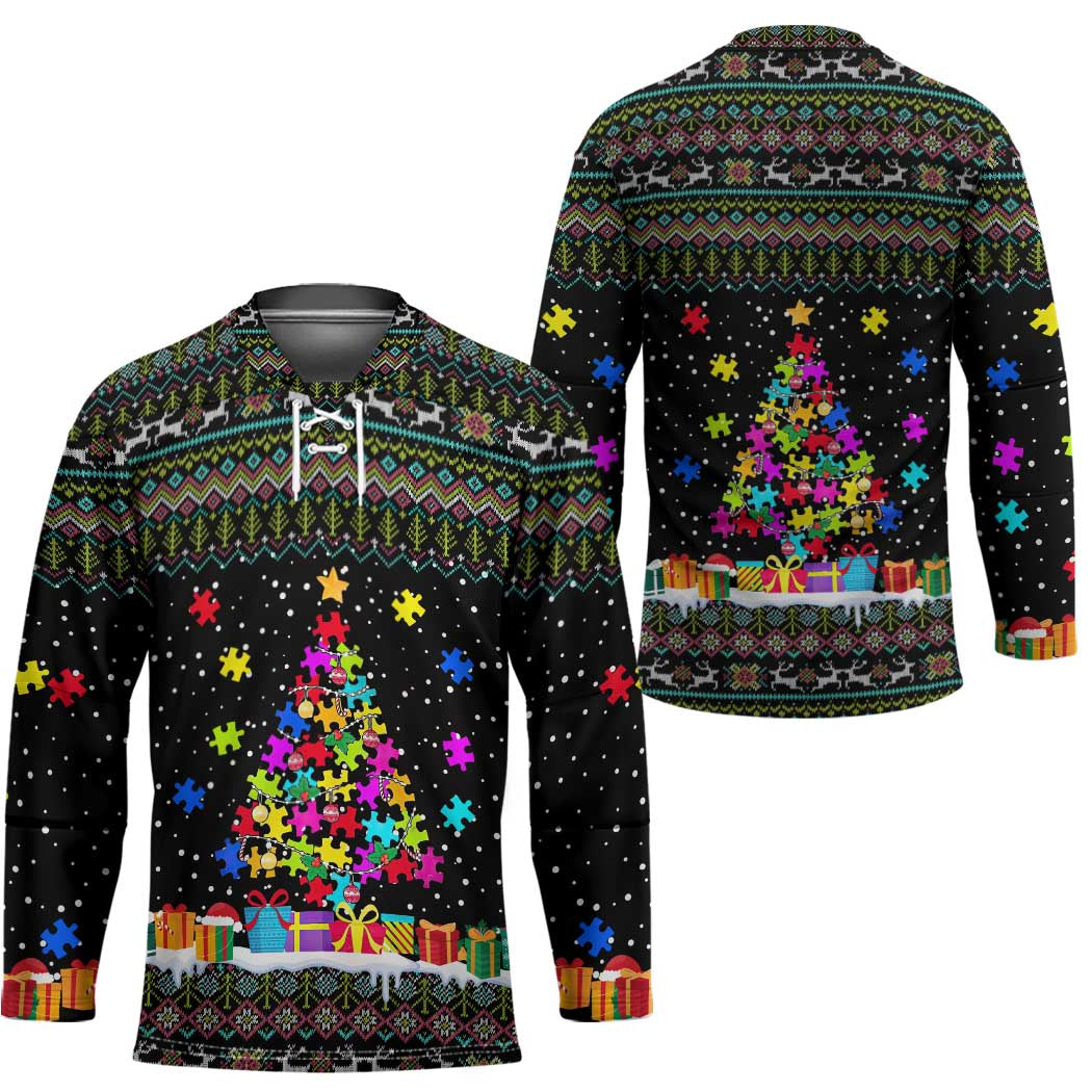 Autism Pine Christmas Hockey Jersey Xmas Holiday Patterns TS04