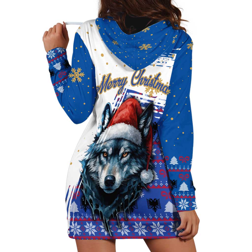 Kosovo Christmas Hoodie Dress with Santa Wolf Snowflakes Blue Pattern and National Emblem TS04