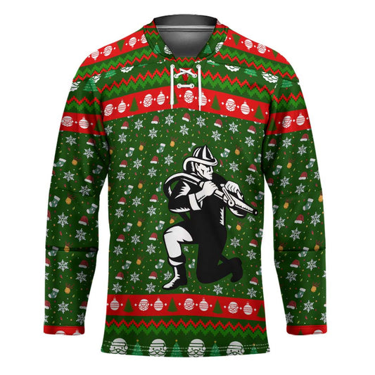 Awesome Firefighter Christmas Hockey Jersey Xmas Holiday Patterns TS04