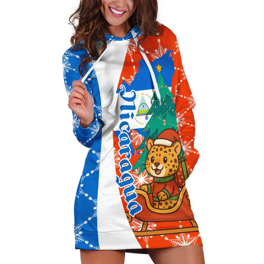 Nicaragua Christmas Hoodie Dress with Jaguar in Sleigh Christmas Tree Snowflakes and Flag Colors Design TS04