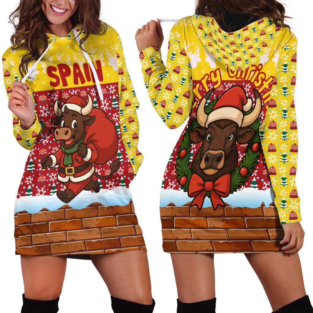 Spain Christmas Hoodie Dress with Santa Bull Brick Chimney Wreath and Festive Holiday TS04
