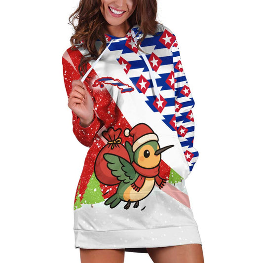 Cuba Christmas Hoodie Dress with Santa Hummingbird Cuban Flag Feliz Navidad and Snowflake TS04