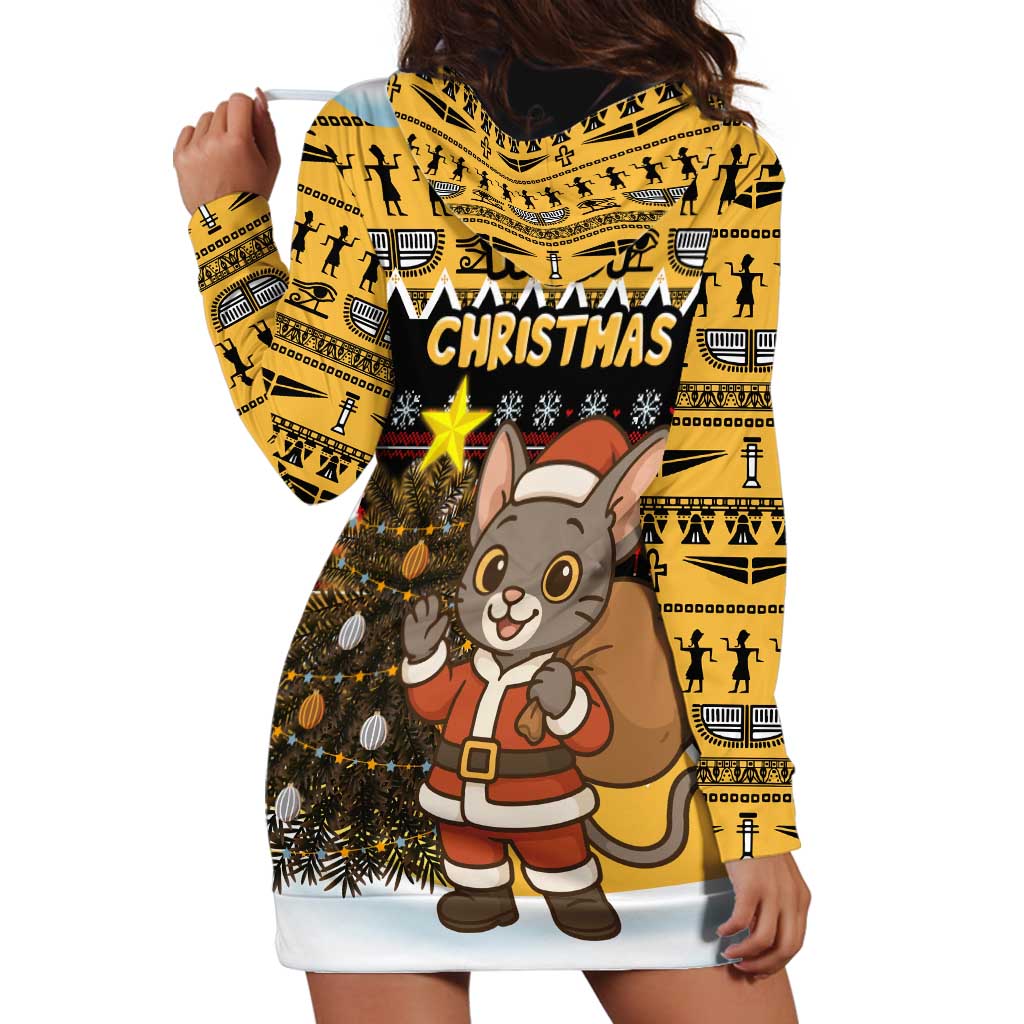 Egypt Christmas Hoodie Dress with Santa Cat Sleigh Reindeer Christmas Tree and Ancient Hieroglyphic TS04