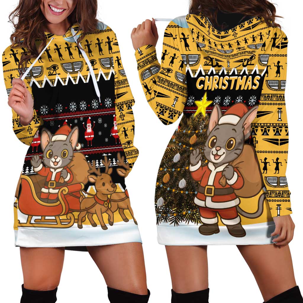 Egypt Christmas Hoodie Dress with Santa Cat Sleigh Reindeer Christmas Tree and Ancient Hieroglyphic TS04