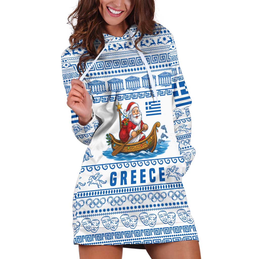 Greece Christmas Hoodie Dress with Santa Rowing Boat Greek Flag Laurel Wreath Parthenon and Blue White Pattern Design TS04