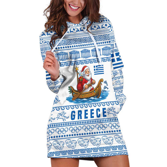 Greece Christmas Hoodie Dress with Santa Rowing Boat Greek Flag Laurel Wreath Parthenon and Blue White Pattern Design TS04