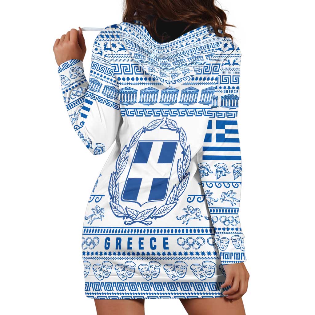 Greece Christmas Hoodie Dress with Santa Rowing Boat Greek Flag Laurel Wreath Parthenon and Blue White Pattern Design TS04