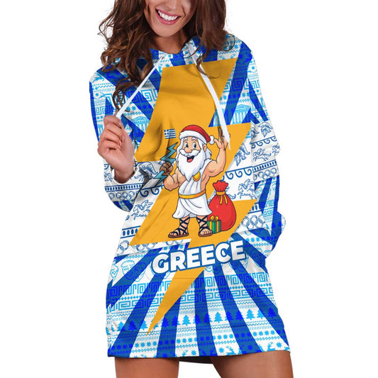 Greece Christmas Hoodie Dress with Zeus Santa Greek Flag Lightning Bolt Gift Bag and Blue Yellow Pattern Design TS04