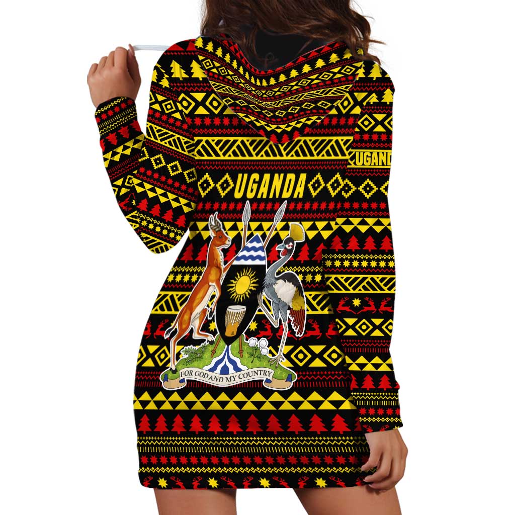 Uganda Christmas Hoodie Dress with Flamingo Lights Uganda Flag and Black Red Yellow Tribal Pattern Design TS04