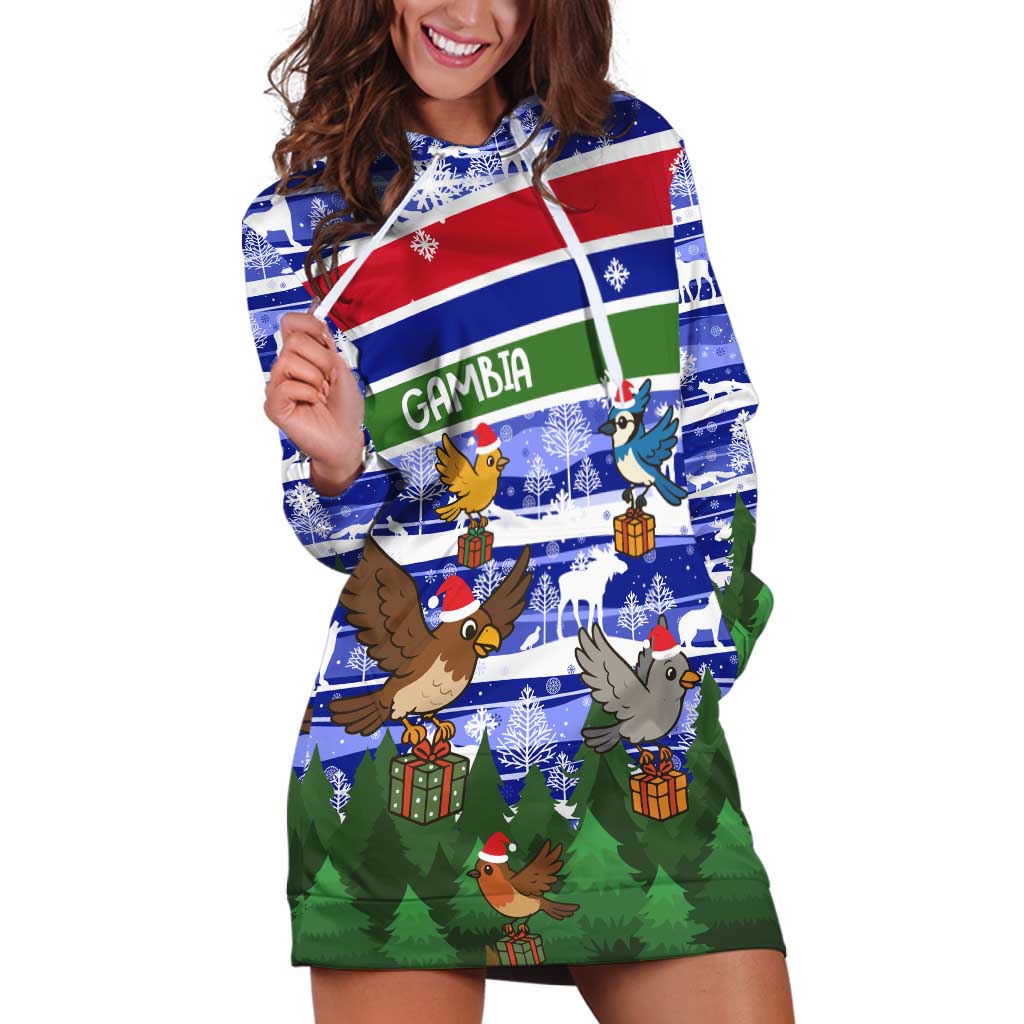 Gambia Christmas Hoodie Dress with Santa Birds Gift Boxes Forest Scene and Snowflake Pattern Design TS04