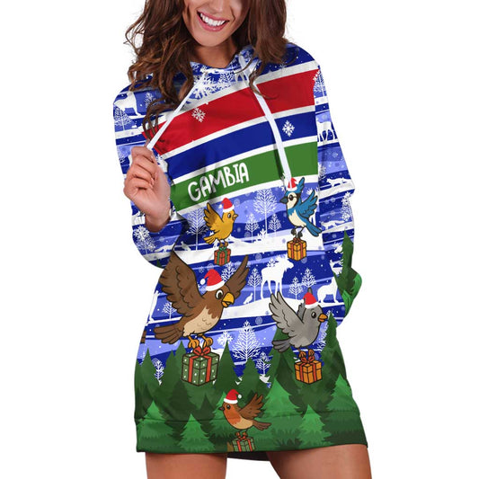 Gambia Christmas Hoodie Dress with Santa Birds Gift Boxes Forest Scene and Snowflake Pattern Design TS04