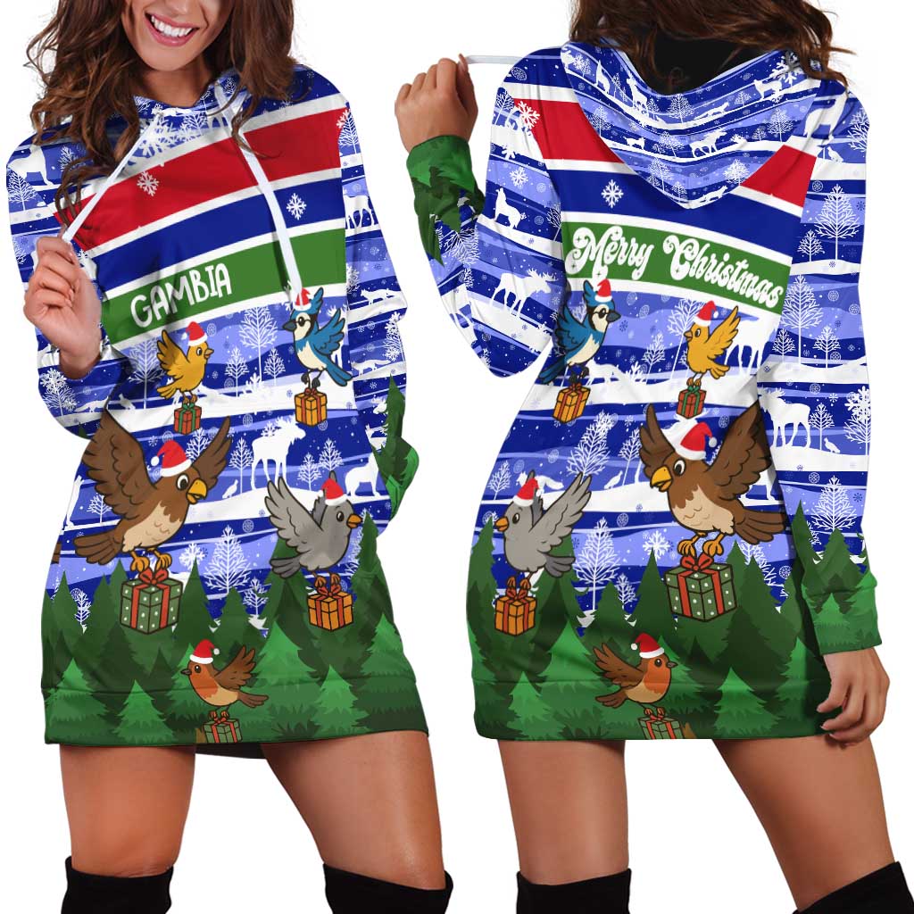 Gambia Christmas Hoodie Dress with Santa Birds Gift Boxes Forest Scene and Snowflake Pattern Design TS04
