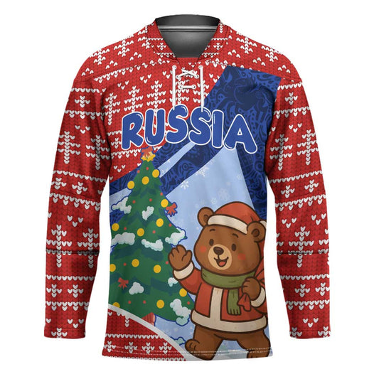 Russia Christmas Hockey Jersey with Santa Bear Gift Box Christmas Tree and Red Snowflake TS04