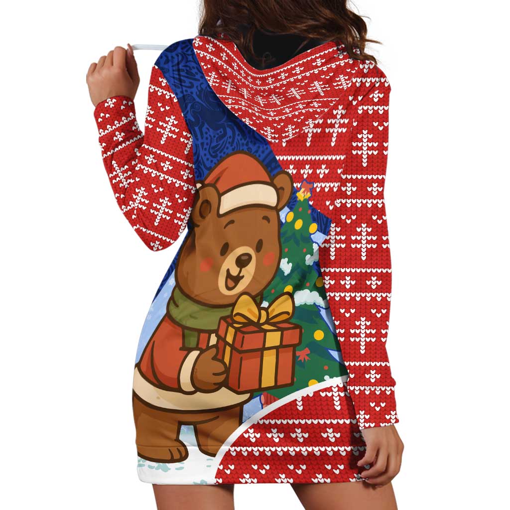 Russia Christmas Hoodie Dress with Santa Bear Gift Box Christmas Tree and Red Snowflake TS04