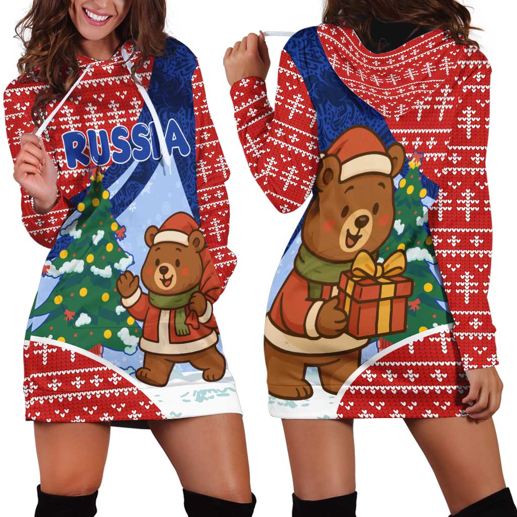 Russia Christmas Hoodie Dress with Santa Bear Gift Box Christmas Tree and Red Snowflake TS04