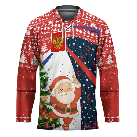 Russia Christmas Hockey Jersey with Dancing Santa Christmas Tree Lights and Red Snowflake TS04