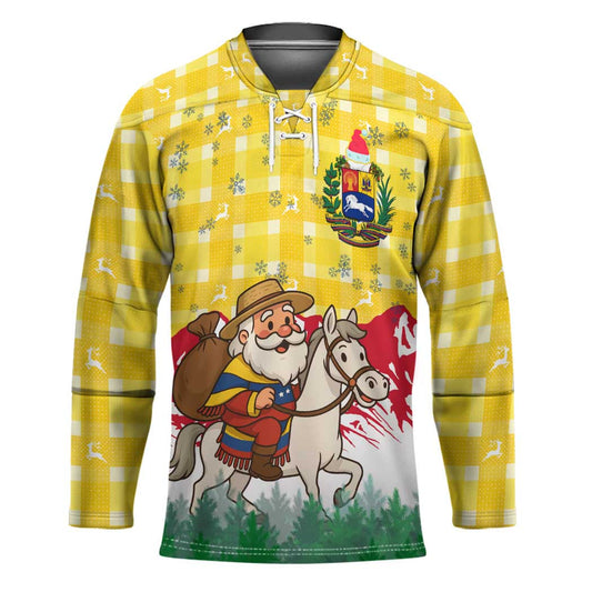 Venezuela Christmas Hockey Jersey with Santa on Horse Traditional Outfit Snowflakes and Yellow Plaid TS04
