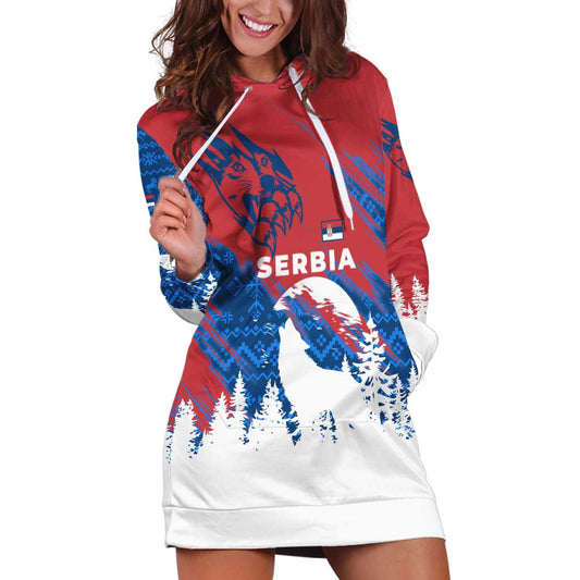 Serbia Christmas Hoodie Dress with Wolf Howling Moon Serbian Flag and Red Blue White Winter Forest Pattern Design TS04