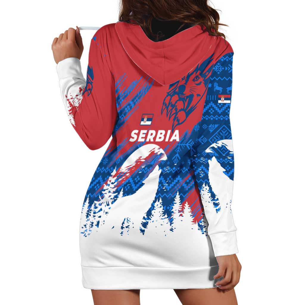 Serbia Christmas Hoodie Dress with Wolf Howling Moon Serbian Flag and Red Blue White Winter Forest Pattern Design TS04