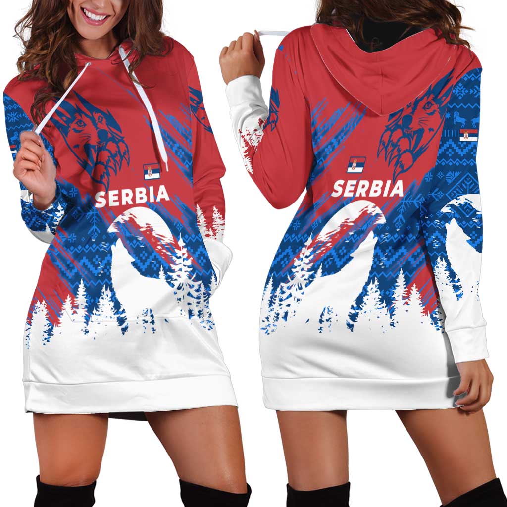 Serbia Christmas Hoodie Dress with Wolf Howling Moon Serbian Flag and Red Blue White Winter Forest Pattern Design TS04
