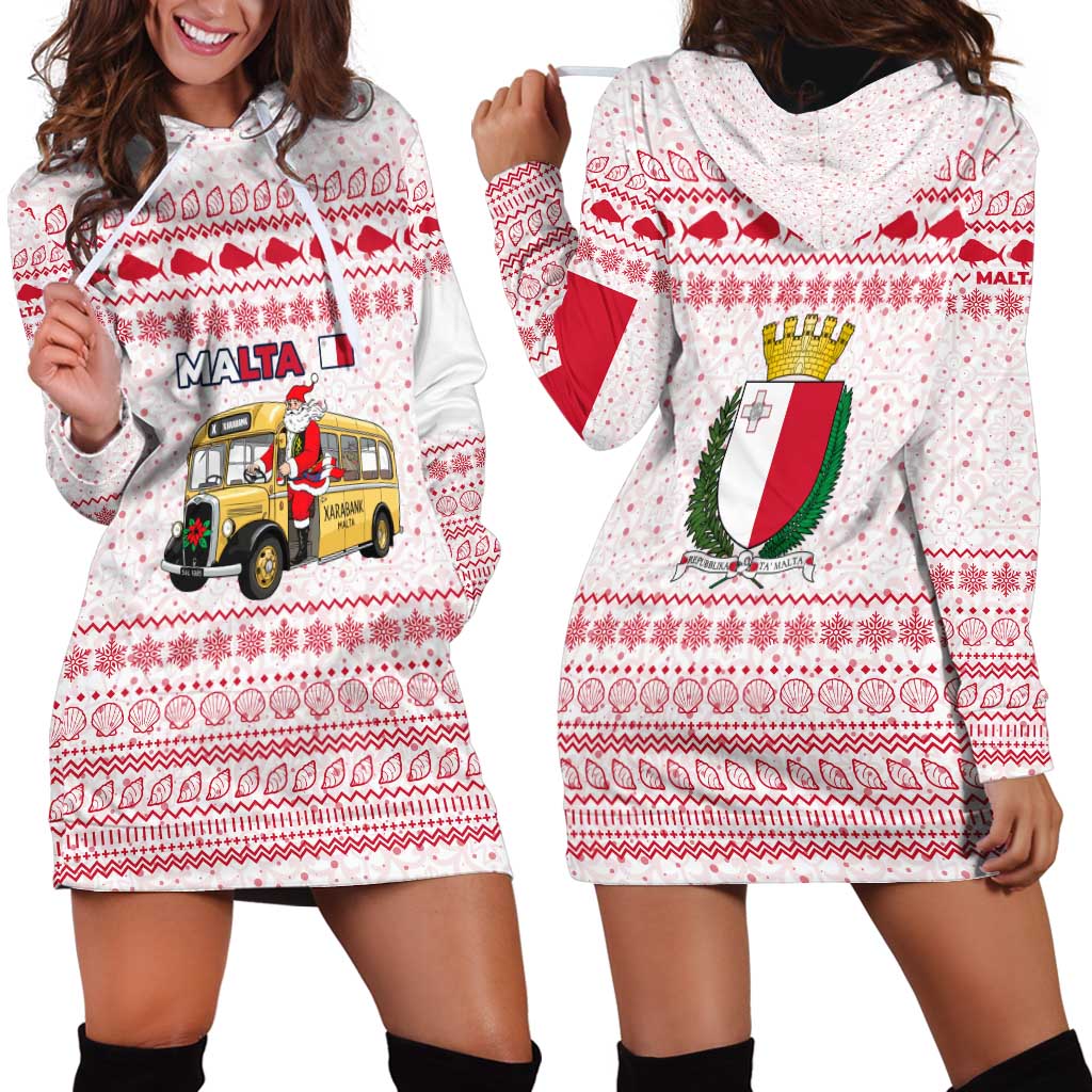 Malta Christmas Hoodie Dress with Santa Driving Vintage Bus Malta Flag and Red White Festive Pattern Design TS04