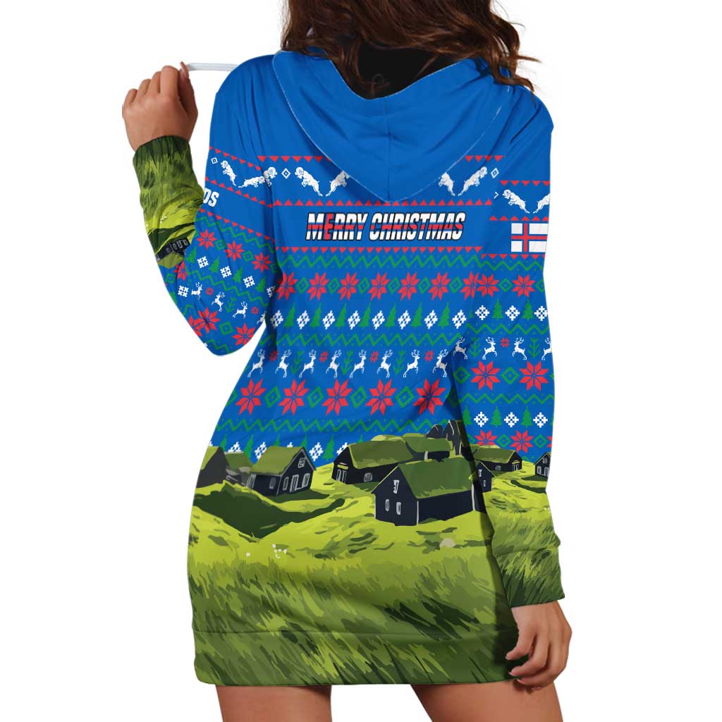 Faroe Islands Christmas Hoodie Dress with Santa Riding Sheep Grass Roof Houses and Blue Nordic Pattern Design TS04