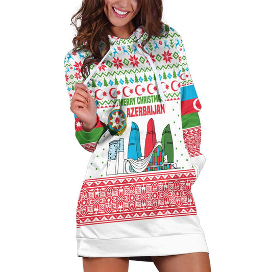 Azerbaijan Christmas Hoodie Dress with Baku Skyline Azerbaijan Flag and Red Green Snowflake Pattern Design TS04