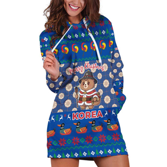 Korea Christmas Hoodie Dress with Bear in Hanbok National Emblem and Traditional Boat Pattern Design TS04
